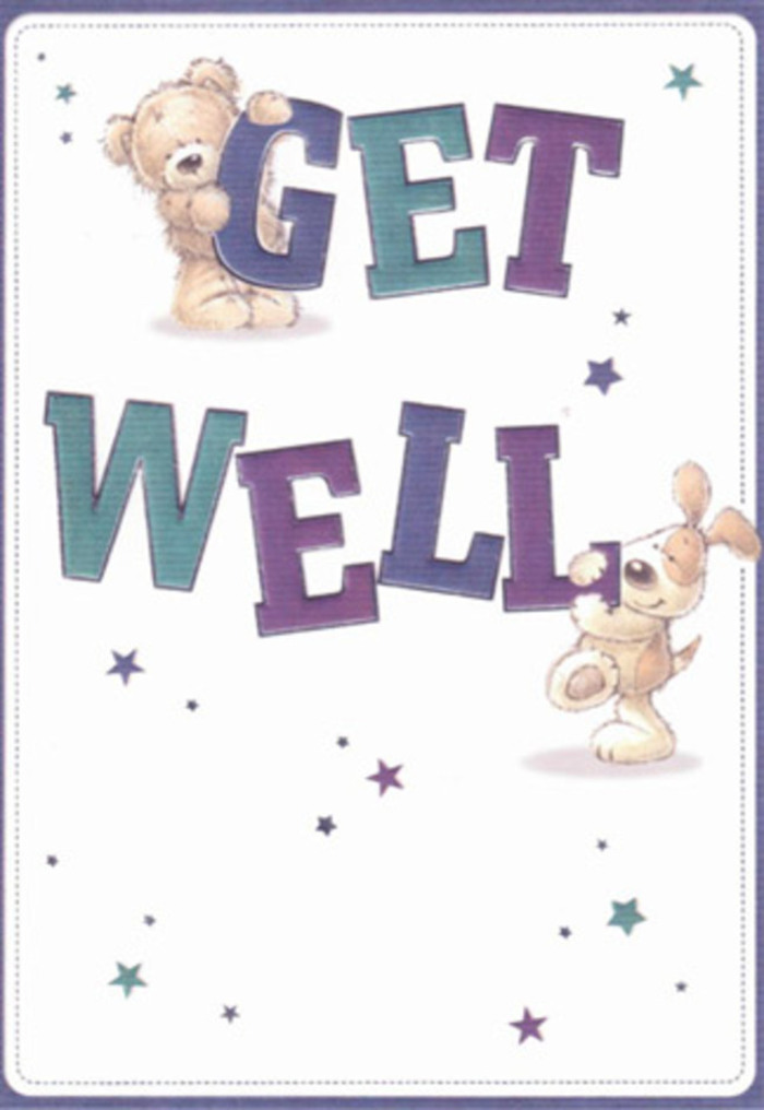 This visually charming get well card is a subtle celebration of gentle healing, easily at home in a Kensington flat or hospital room just off Earls Court Road. Two friendly figures-a soft, plush bear and a floppy-eared puppy-sit nestled amongst a scatter of whimsical stars. Their luminous eyes and gentle smiles communicate reassurance, their plush forms drawn with delicate textures that invite the viewer to imagine comfort and touch. The words 'Get Well' stretch across the scene in big, confident letters, coloured in purples and aquas as saturated and uplifting as fresh blooms from a morning market on Kensington Church Street. The card's background glows with soft white light, echoing the airy, hopeful atmosphere found in our flower shop on a bright day. When sent alongside a thoughtfully arranged bouquet, this card becomes a complete gesture of kindness-lifting spirits and sharing genuine care with those recovering nearby. The mood is as light and optimistic as the first days of spring in the heart of Kensington.